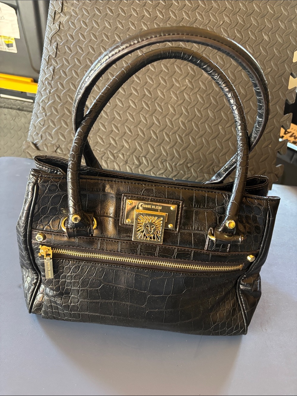 Anne Klein Black Croc-Embossed Satchel with Gold Hardware